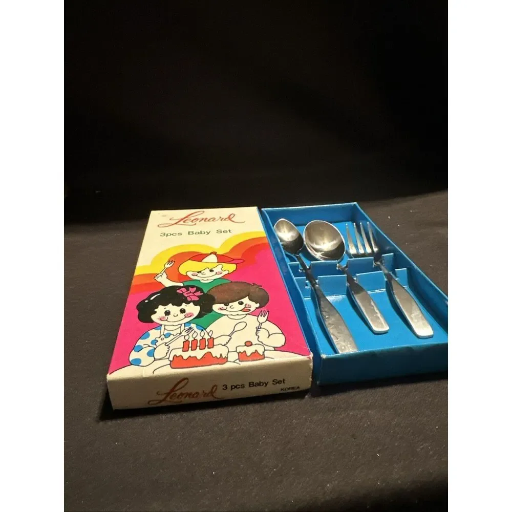 Vintage Leonard Silver Co.‎ Stainless 3 Piece Baby Flatware Set Mint in Box NIB